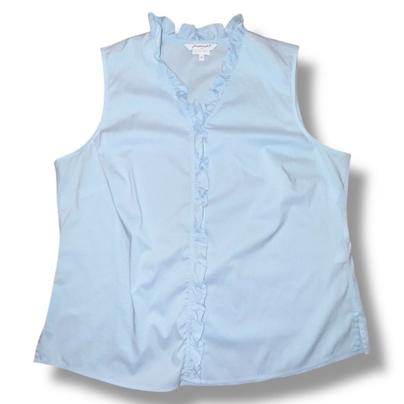 FOXCROFT Gwen Ruffle Non-Iron Stretch Button-Up Sleeveless Shirt Blue Whisper 18 - Picture 6 of 12